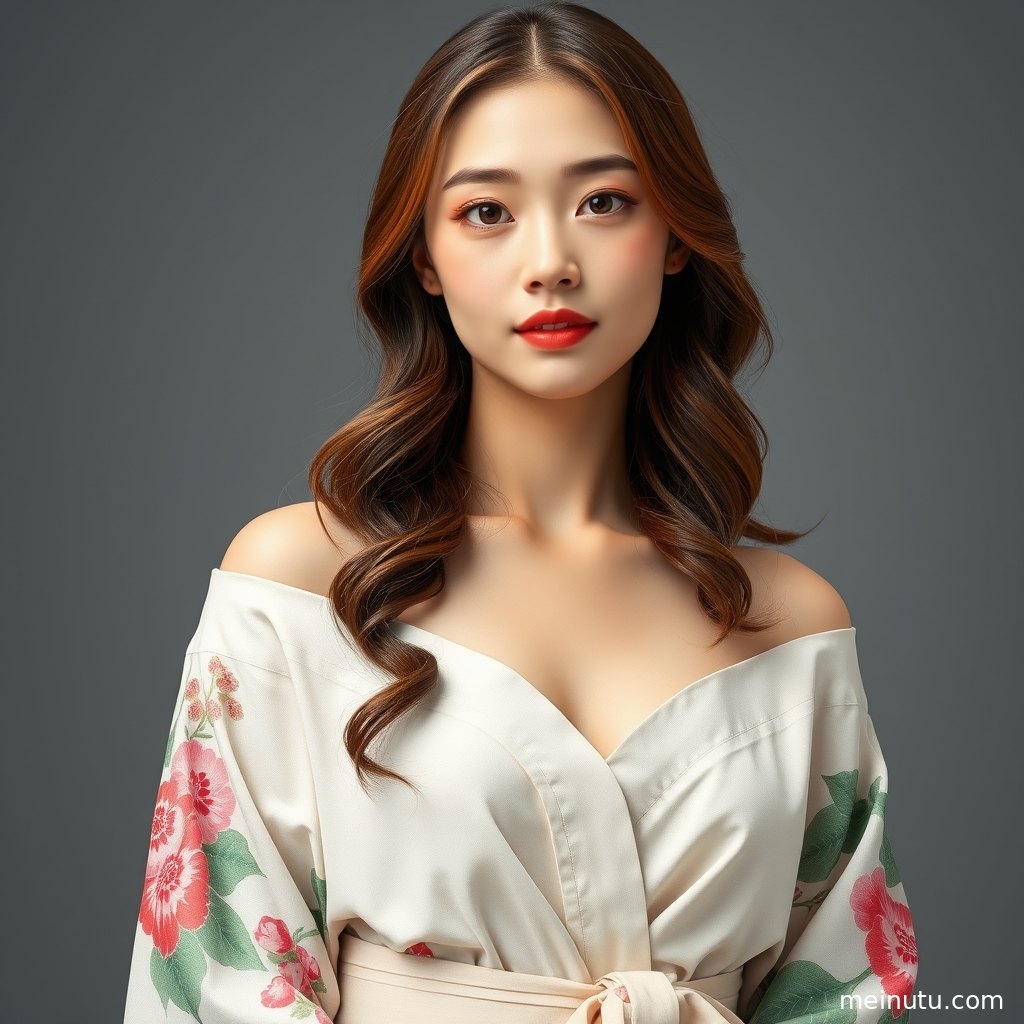 年轻成年女性穿精致和服倚坐木质空间，暖调光线展现织物纹理与优雅表情。