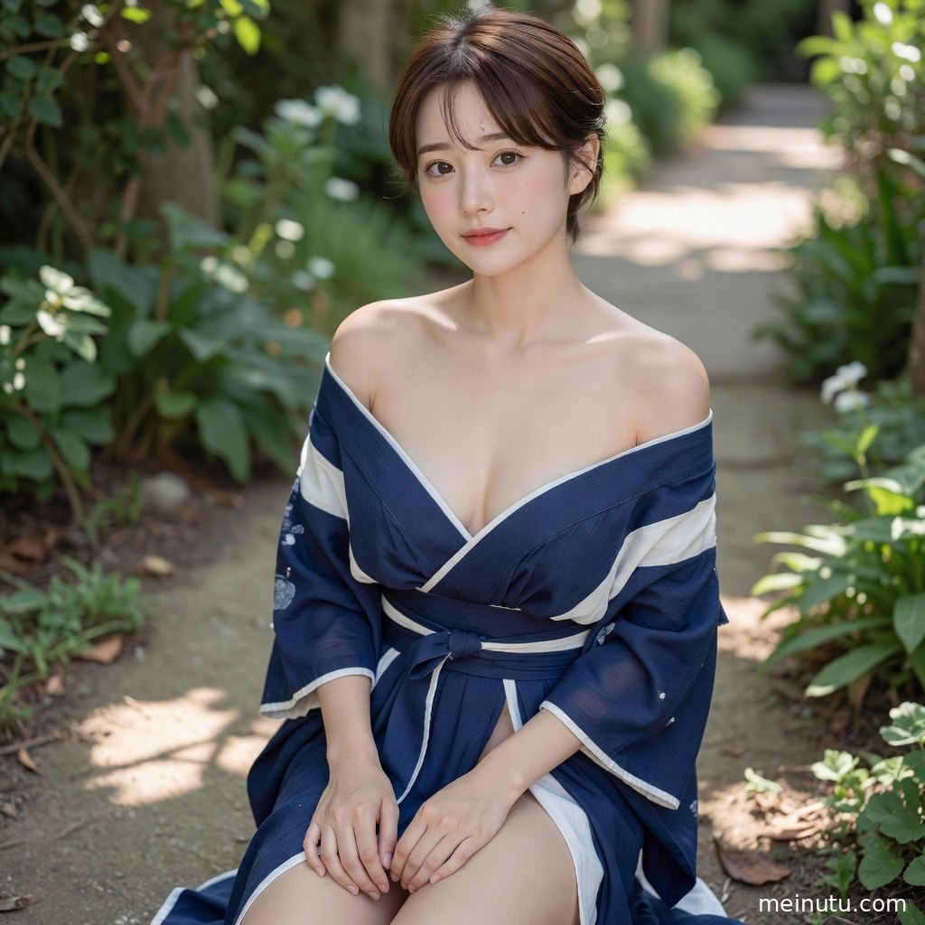 年轻成年女性穿和服沿海岸漫步，全身构图呈现衣摆与海风动态。
