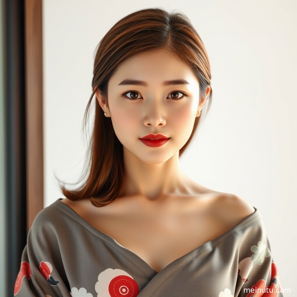 和服美女侧身展示腰带系法细节，室内柔光突出布料纹理与优雅线条。