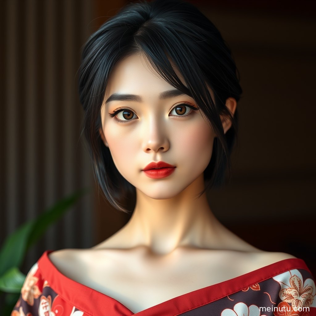 成年女性在柔和自然光下侧身回眸，展现日本和服腰带系法 室内柔光 自然光的场景层次与光影。
