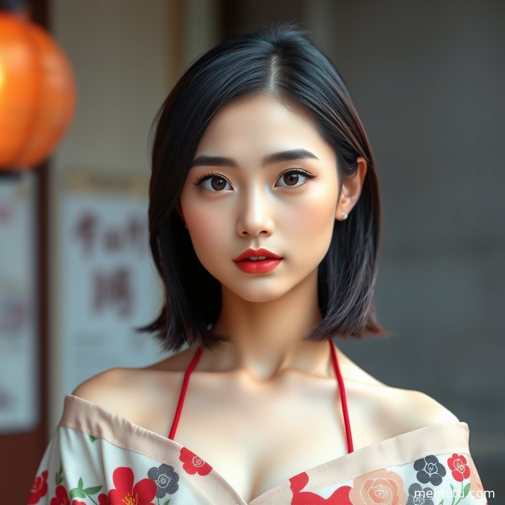 和服美女在日式庭院绿植前回眸，高清画质呈现衣纹与发饰细节。