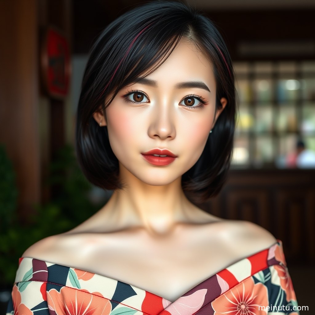 年轻成年女性身着雅致和服倚靠木门，自然光营造安静的和风写真氛围。