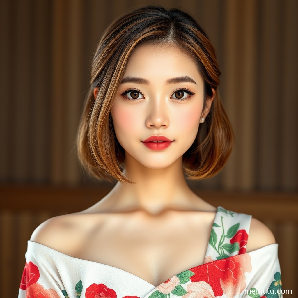 年轻成年女性身穿和服站在黄昏木廊中，阴天漫射光呈现柔和的日系和风写真氛围。