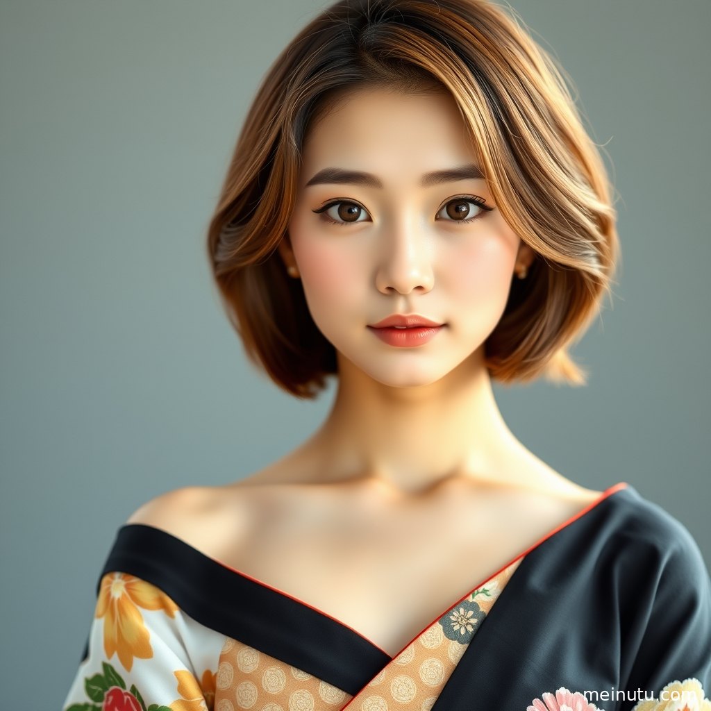 俯拍视角下的和服美女倚靠栏边，灰蓝暮色衬托传统织纹与安静表情。