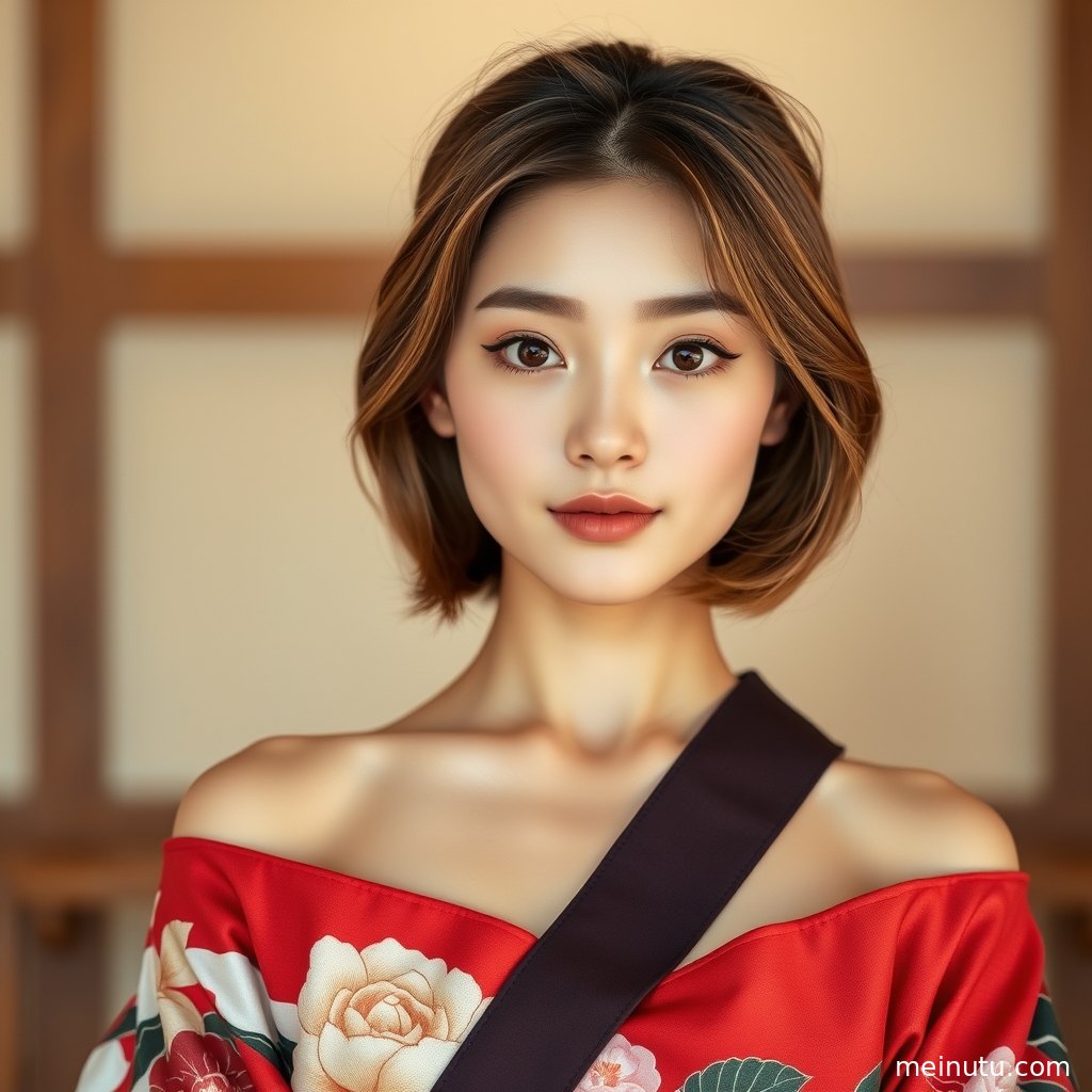 年轻成年女性穿和服在阴天庭院中回望，画面突出腰带层次和柔和光影。