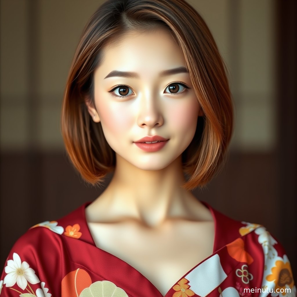 黄昏云光下的和服写真特写，成年女性的温柔气质与木质场景形成雅致画面。