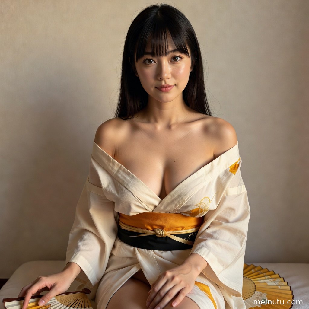 年轻成年女性身穿浅色和服站在日式庭院石径上，柔和逆光呈现全身构图。