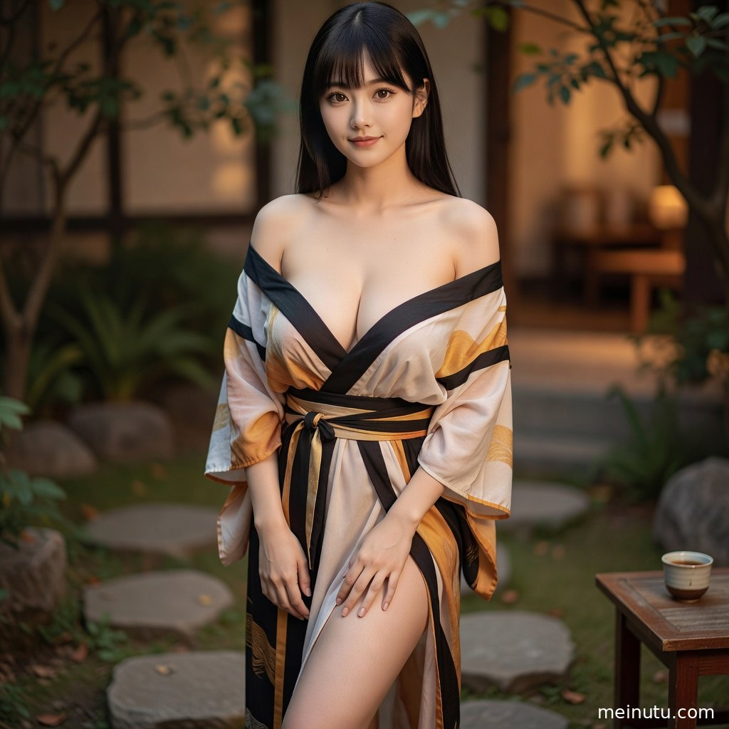 和服美女在绿植环绕的庭院中回眸，衣纹细节清晰，适合作为高清壁纸。