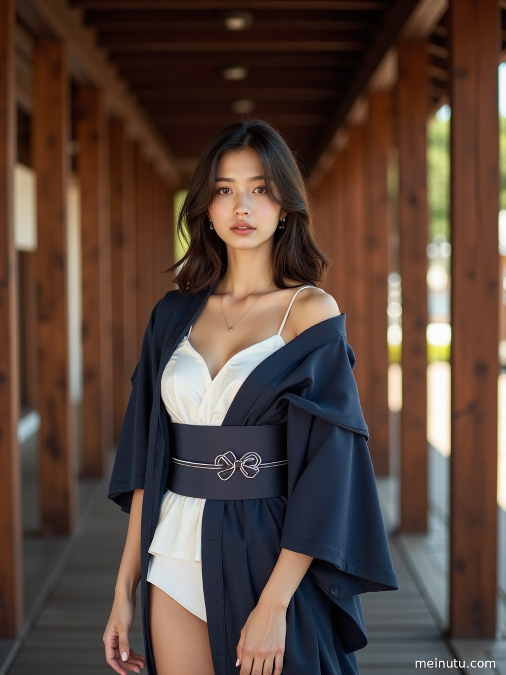 Adult asian woman in an elegant Japanese kimono looking back in a vintage corridor with clear, gentle eyes.