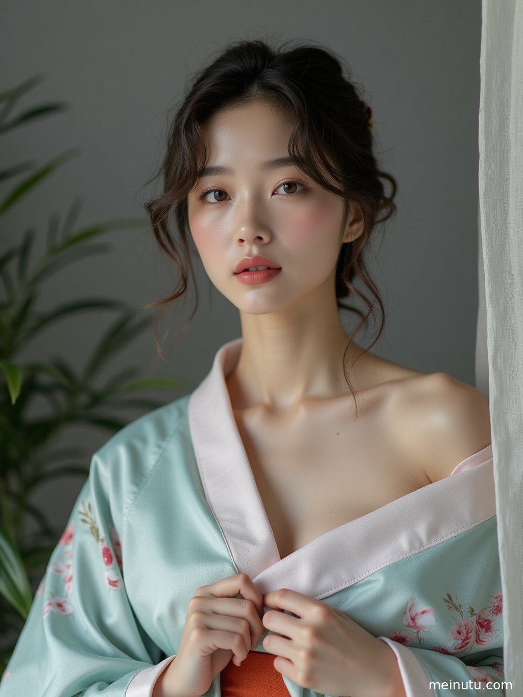 Close-up Japanese kimono portrait capturing delicate light on the fabric details and the model’s face.