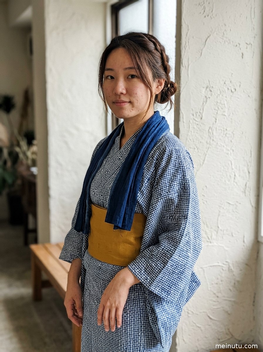 年轻成年女性身穿和服站在海边礁石旁，暖色侧光勾勒日系和风妆容与全身轮廓。