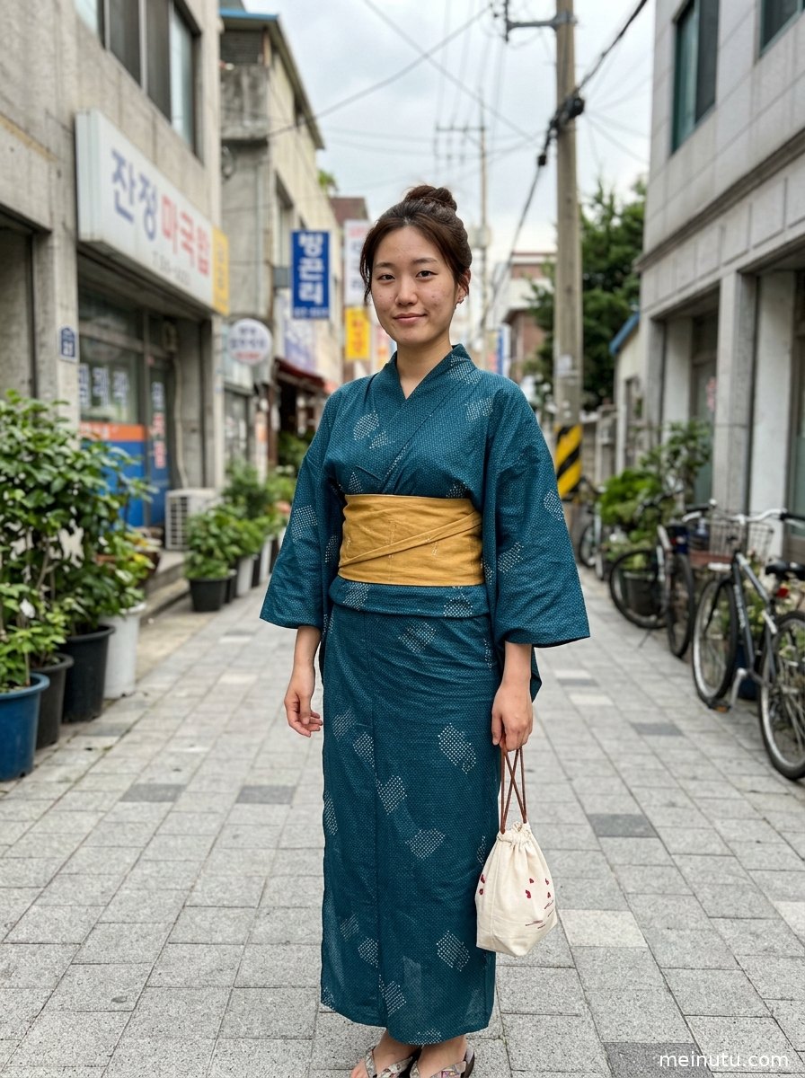 海岸夕光中成年女子以精致日本和服妆容入镜，和服纹样与柔和海风形成温柔画面。