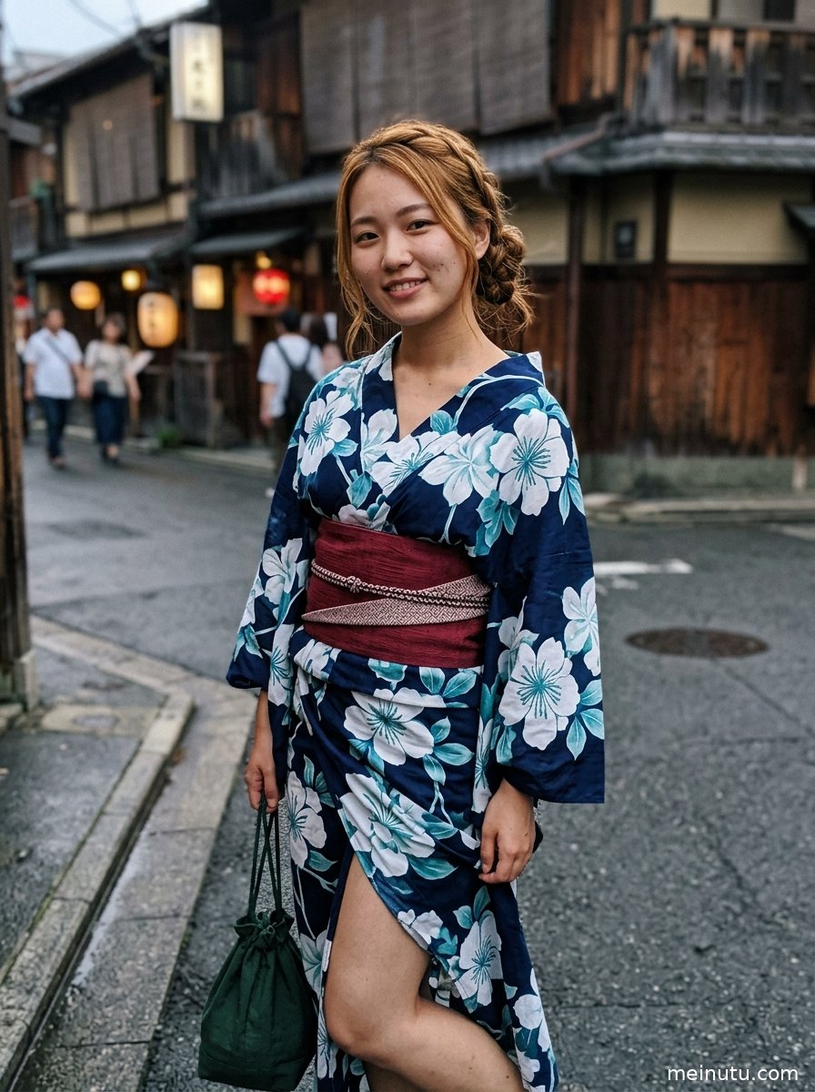 全身构图展示和服美女在沙滩边回眸，暖色光线突出发饰、衣袖与海面层次。