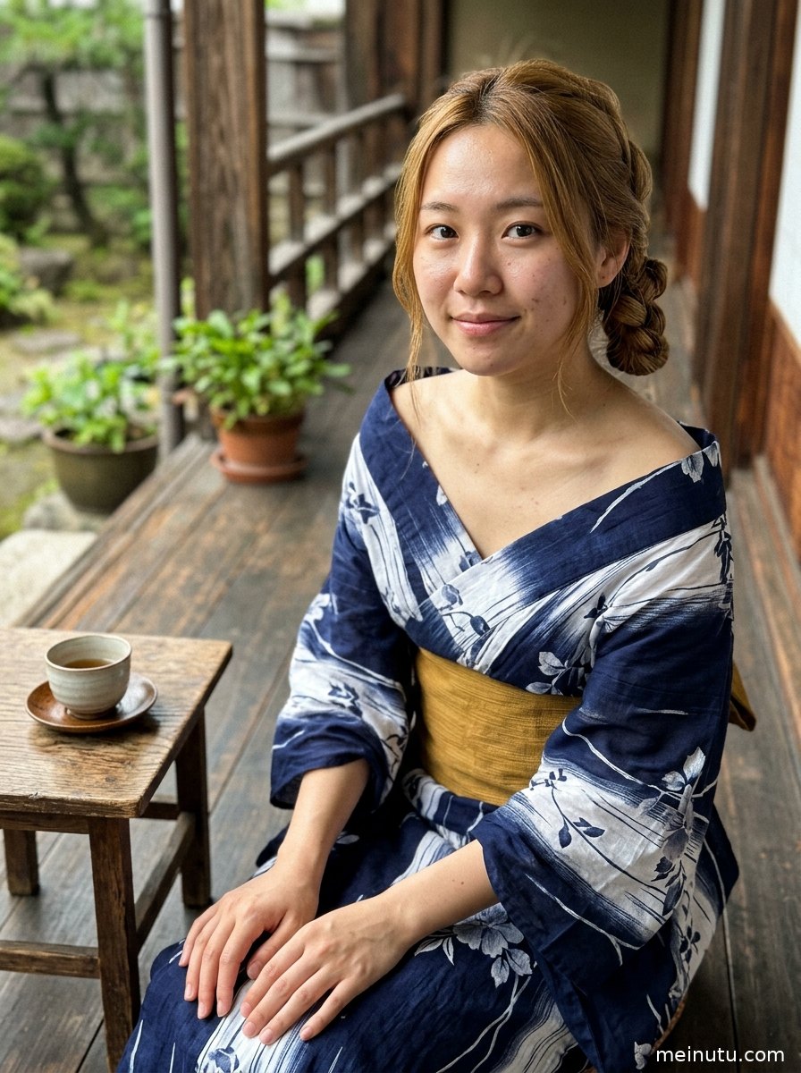 年轻成年女性穿和服漫步海边，日系和风造型在暖色侧光下呈现高清写真质感。