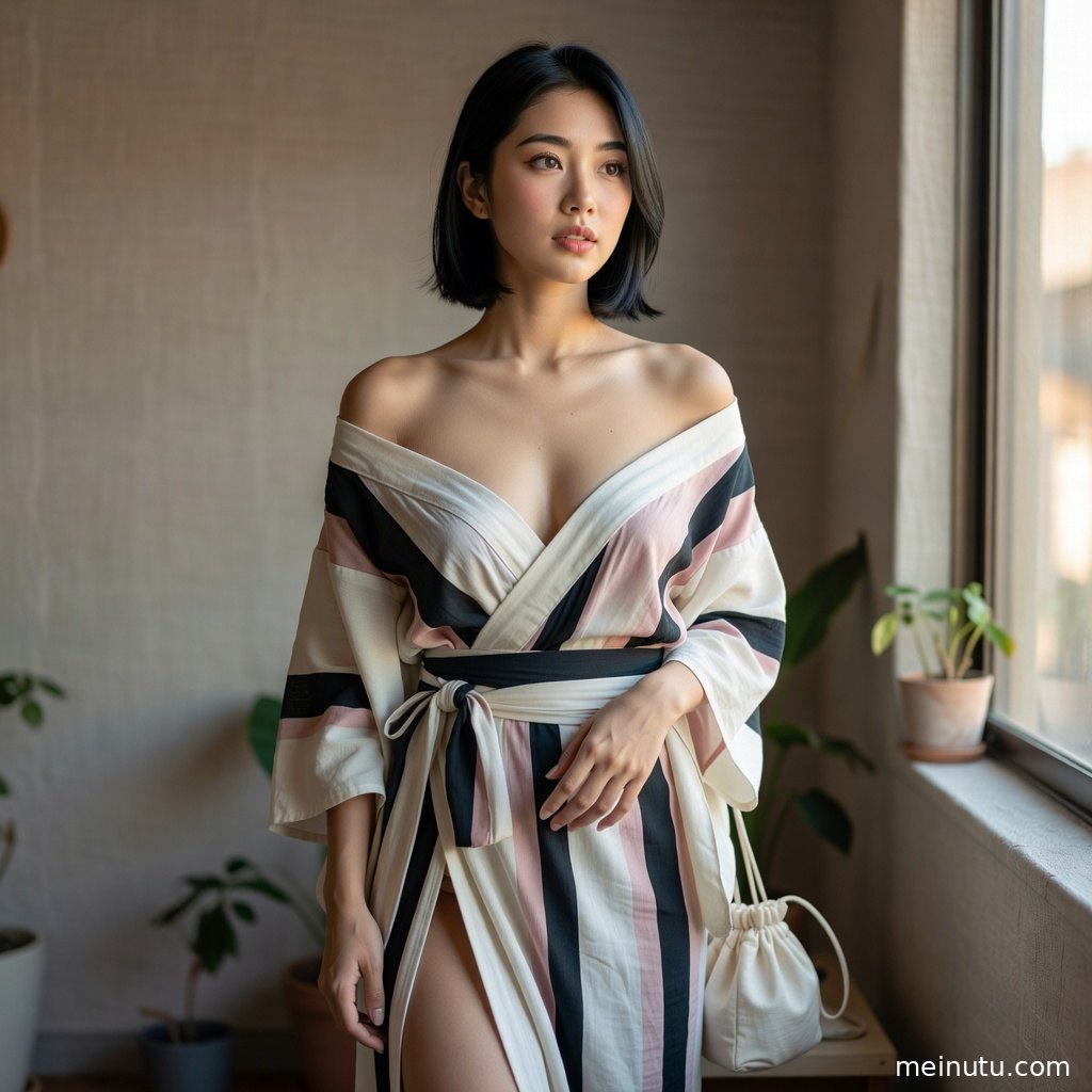 窗边自然光下的和风美女高清图片，低角度构图呈现优雅和服造型。