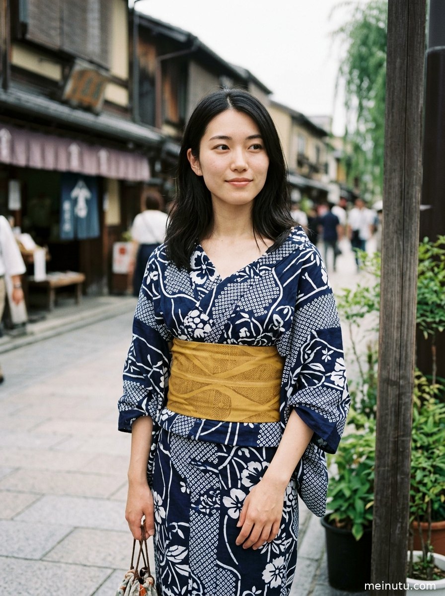 年轻成年女性身着日本皇室和服，在阴天街巷中以俯拍视角呈现端庄站姿。