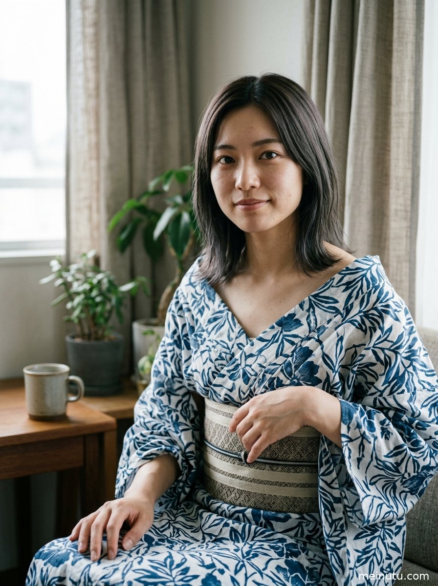 和服美女撑起柔和表情，阴天漫射光突出织物纹理与典雅发饰。