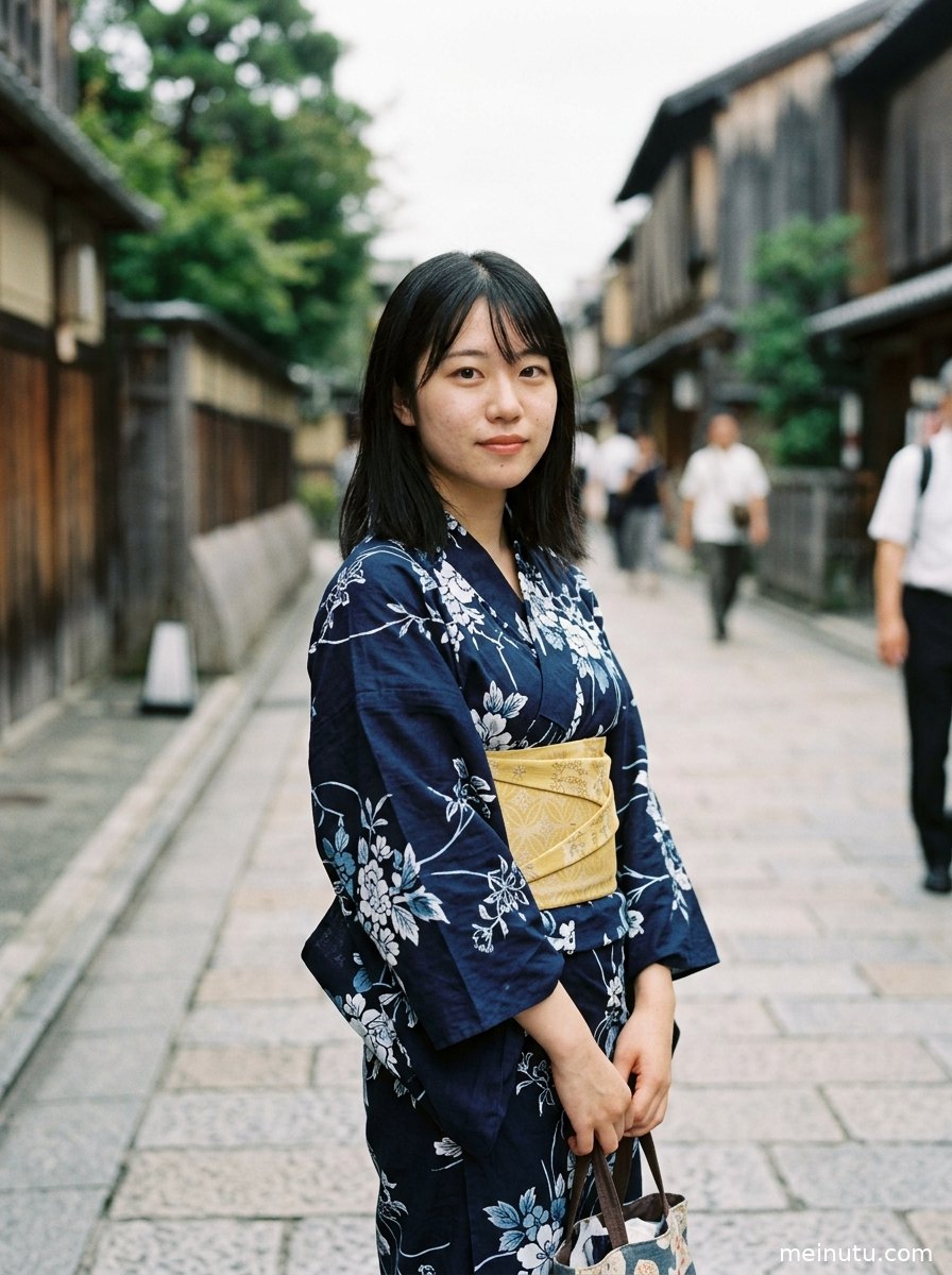 日系和风街拍画面中，年轻成年女性穿和服走过石板路，构图清雅。
