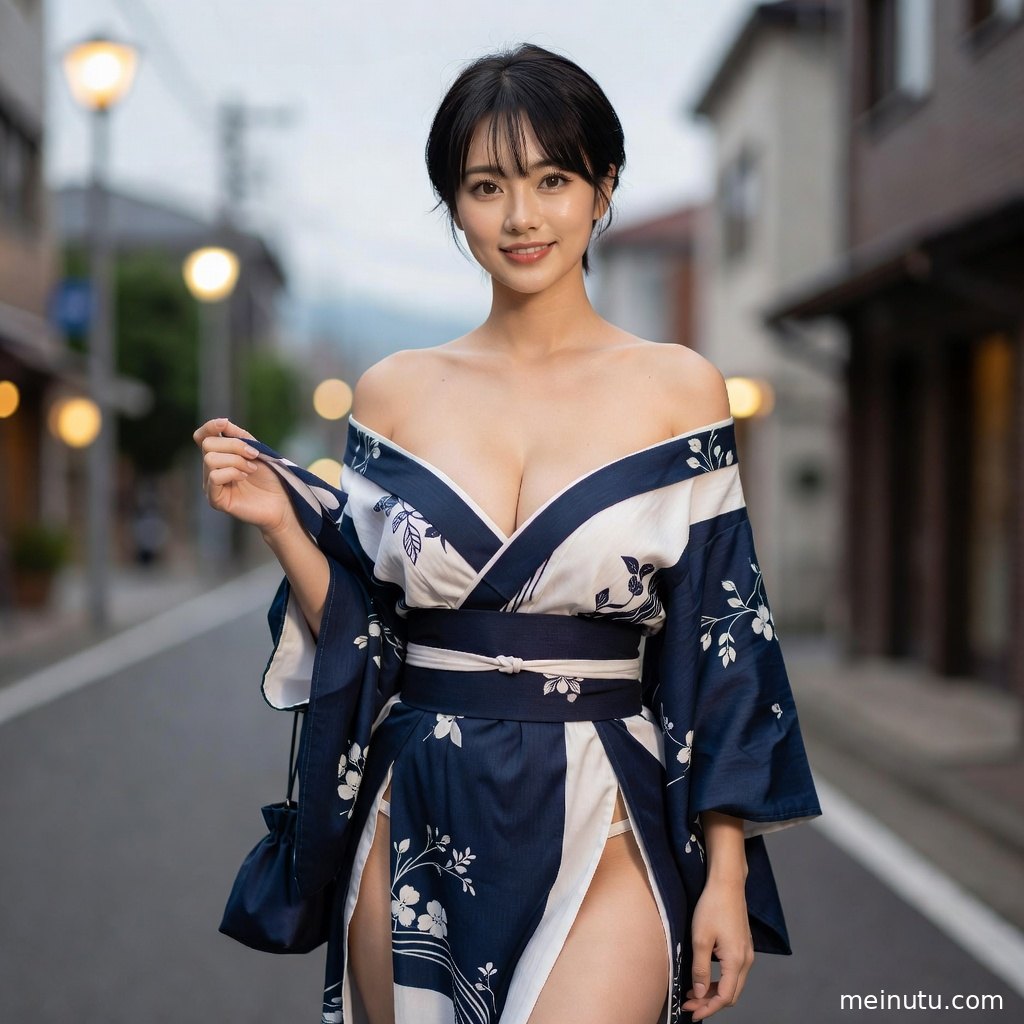 俯拍视角下的和服写真，年轻成年女性手扶衣袖走过石板街道。