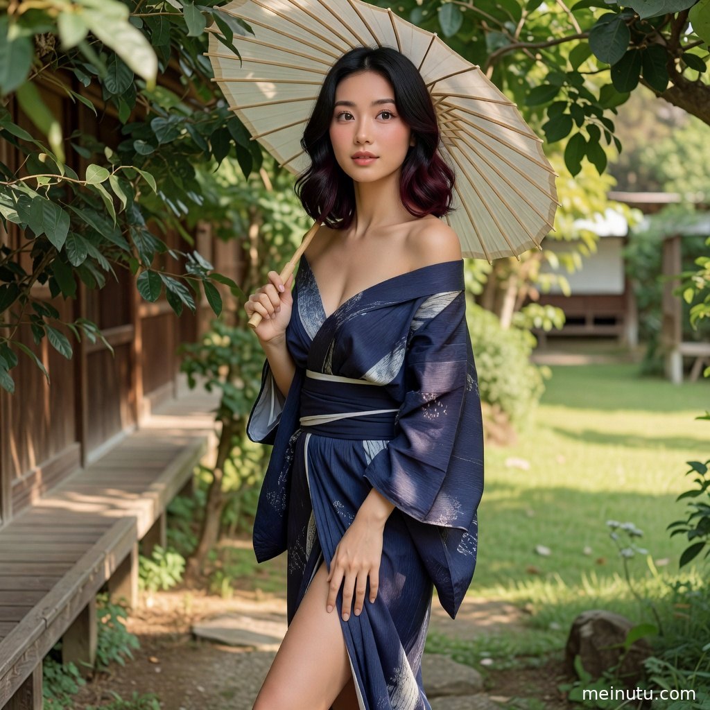 和服美女在花木环绕的庭院中回眸，柔和侧光突出发饰与衣纹细节。