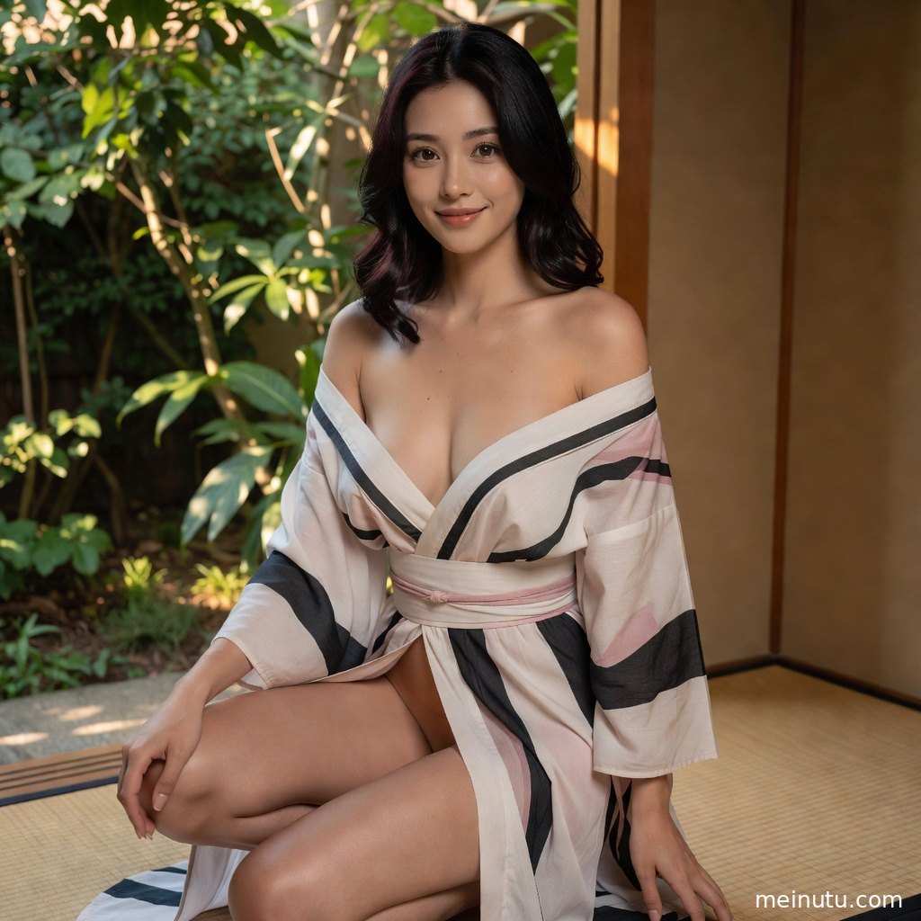 日系和风图集中，年轻成年女性穿和服立于花园石径，画面清晰温柔。
