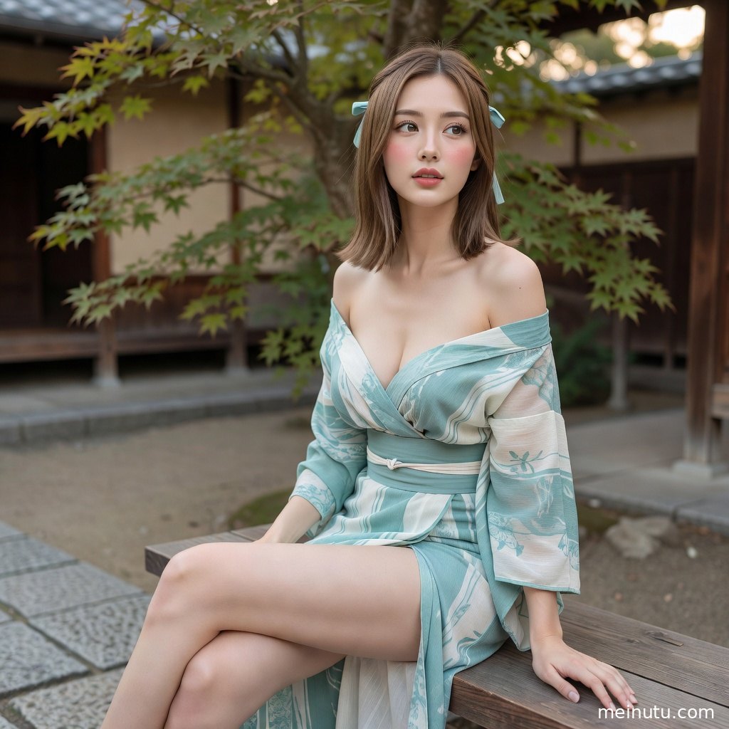 日本美女和服写真呈现静谧庭院背景，柔光突出端庄表情与日系和风气质。