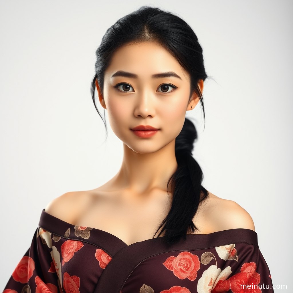 和服美女于柔和窗光前轻解衣襟，画面干净明亮，呈现温柔人像质感。