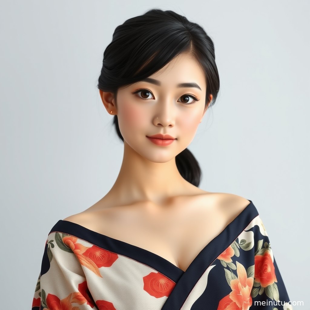 日系和风写真中成年女子靠近窗边回眸，和服纹理与高光层次清晰。
