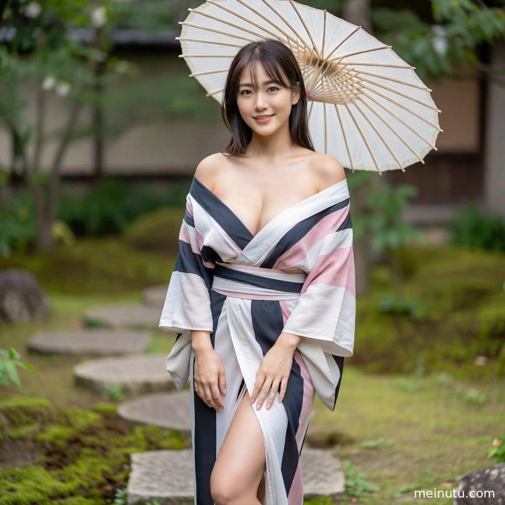 日本女和服写真采用半身构图，花丛背景与柔焦光感突出和风美女气质。