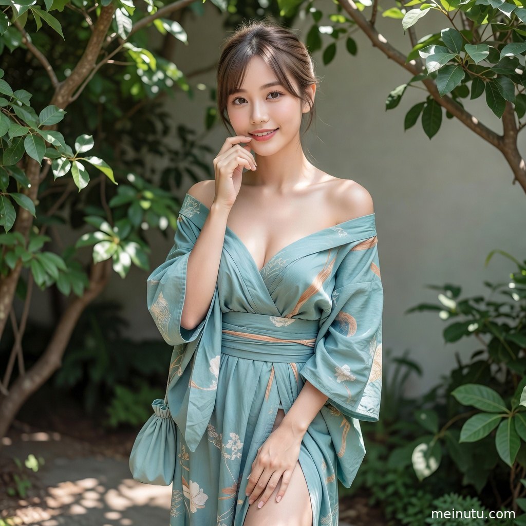 和服美女在绿植与花丛间回眸，三分法构图突出日系庭园氛围。