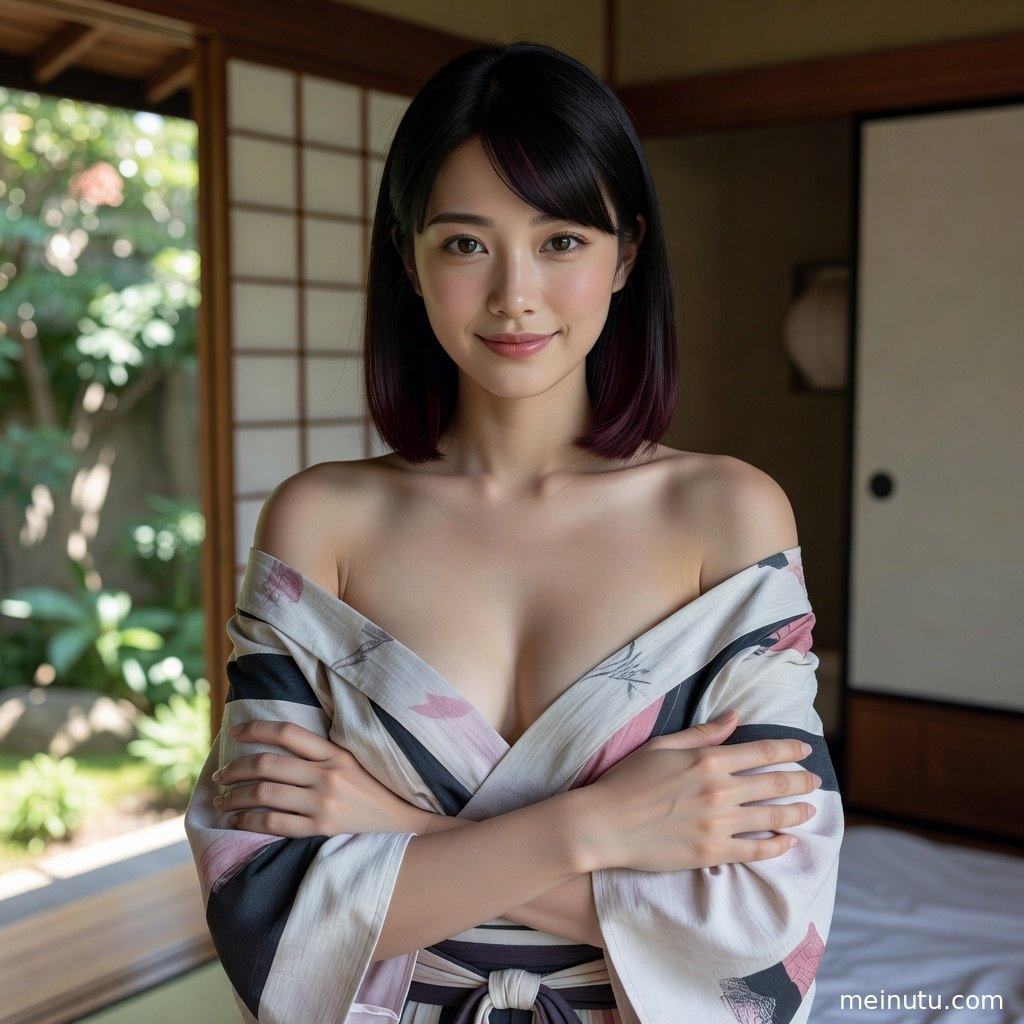 和服美女在庭院花木间侧身回望，三分法构图呈现清新和风写真。