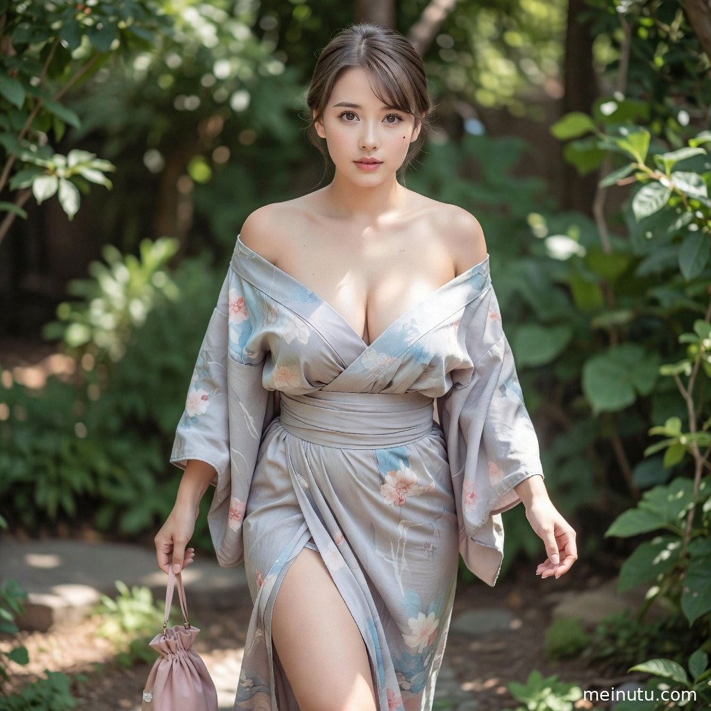 和服美女在绿意花园中回眸，发饰与腰带细节在自然光下清晰可见。