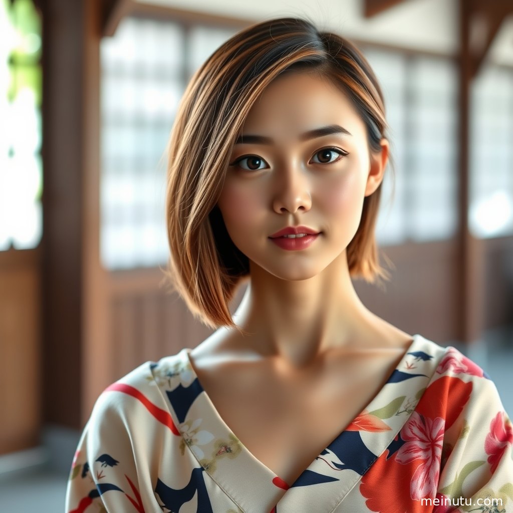 年轻成年女性以全身构图展示和服腰带与袖摆层次，窗边逆光清透柔和。
