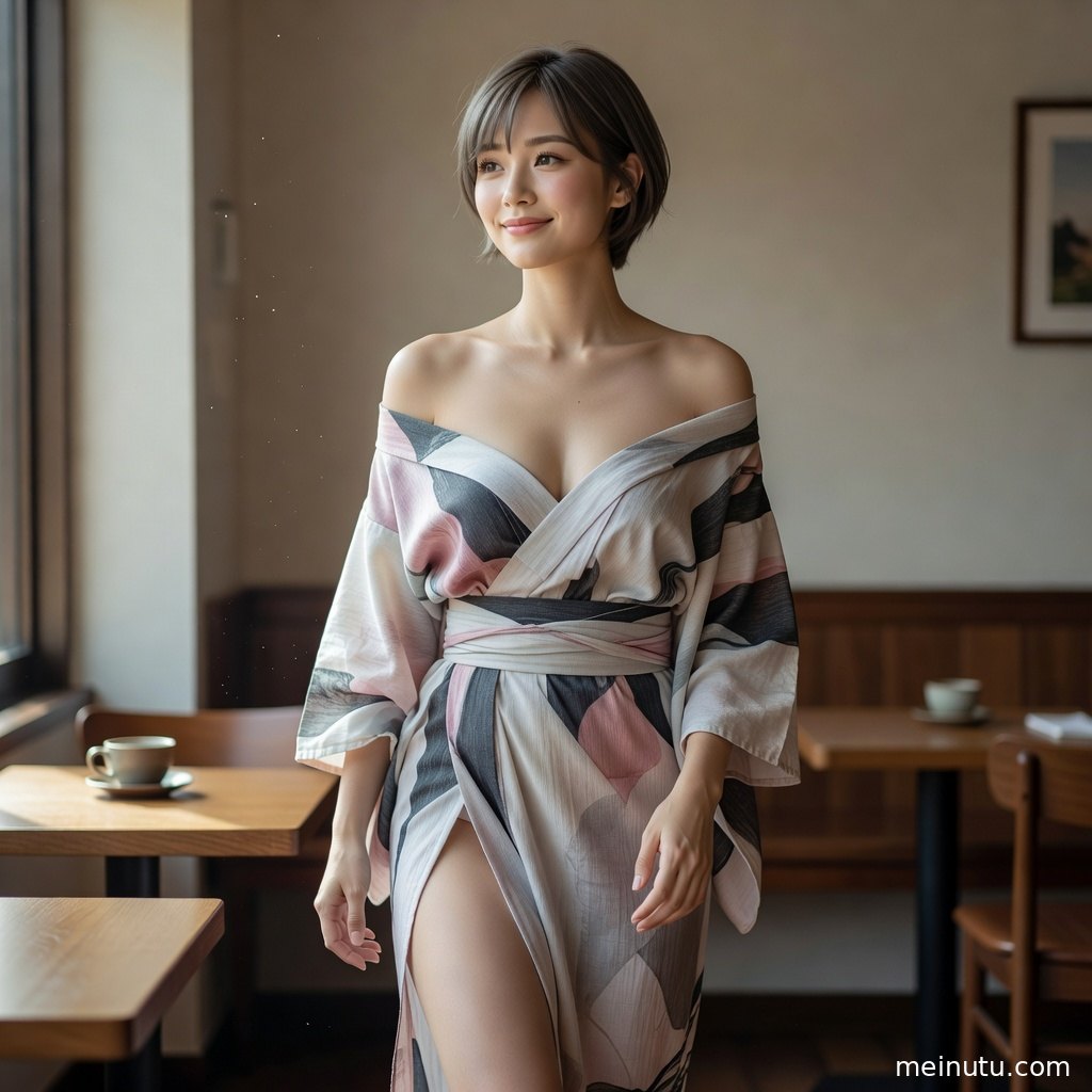 和服美女在木质窗边静坐，温暖侧光营造安静写真氛围。