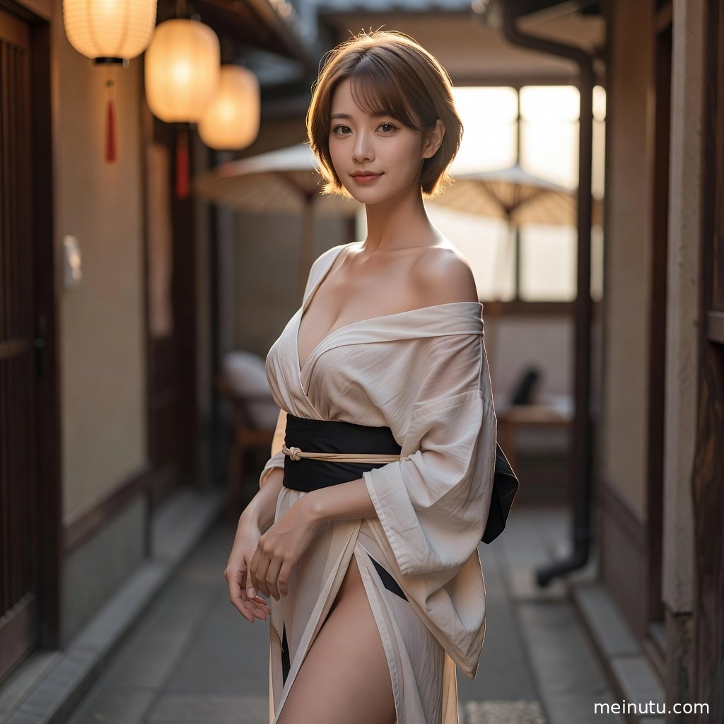 女性在柔和自然光下侧身回眸，展现日式和服婚纱照 窗边 柔和逆光的场景层次与光影。