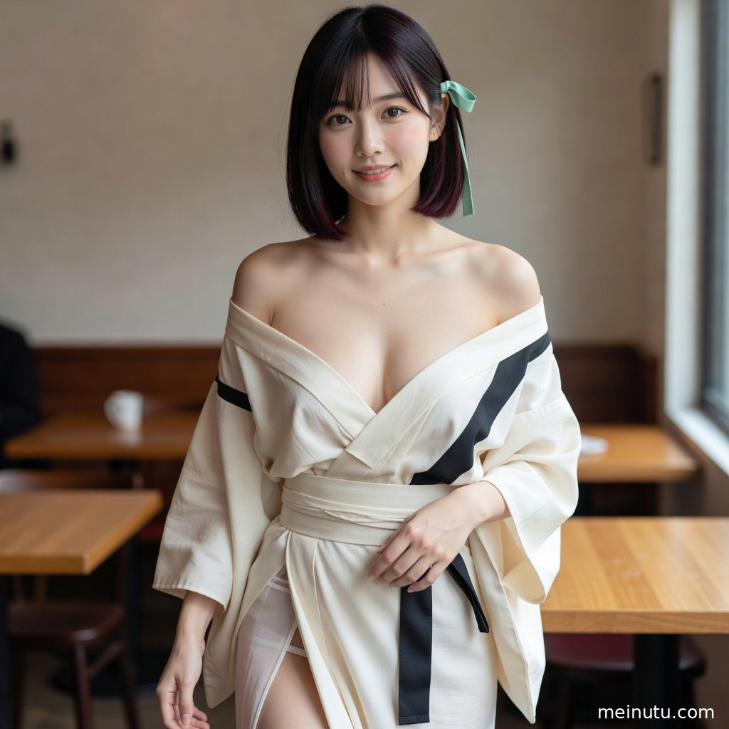 室内柔光中的年轻成年女性和服写真，背景简洁并突出温柔表情。
