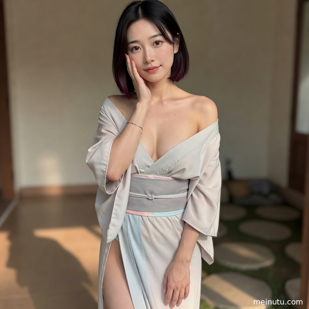 自然光洒入房间，成年女性以和服造型呈现细腻的和风美女摄影。