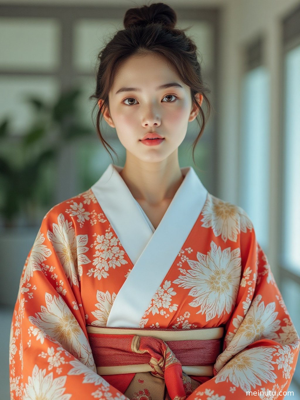 Adult Asian woman wearing an elegant Japanese kimono, posed indoors under soft natural light.