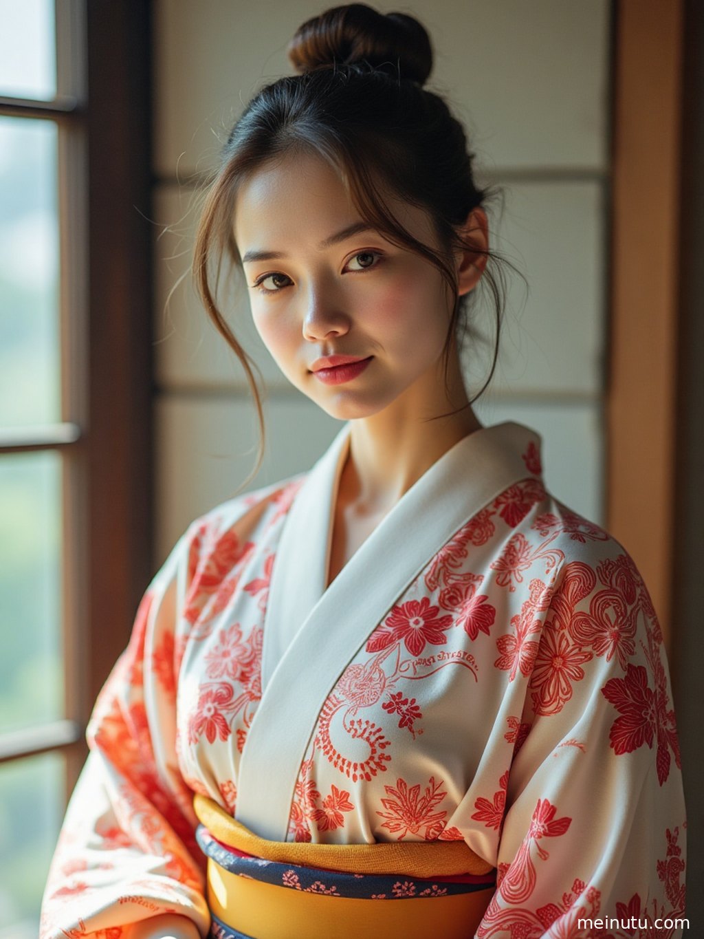 Graceful adult woman in a refined kimono silhouette, outlined by gentle indoor backlighting.