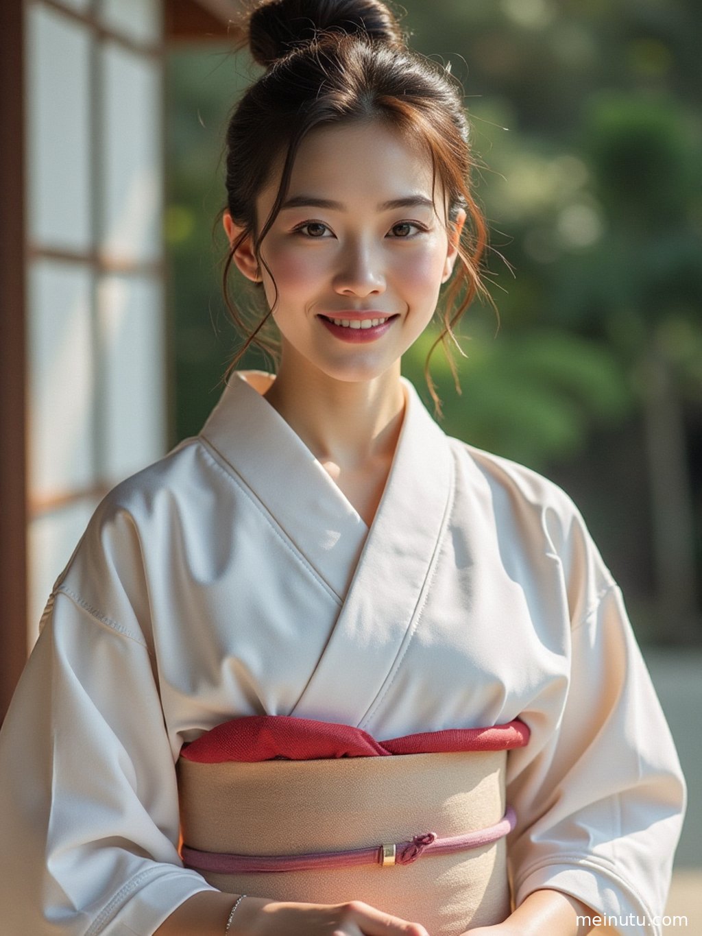 Full-body portrait of an adult Asian model showcasing ornate kimono patterns and poised styling.