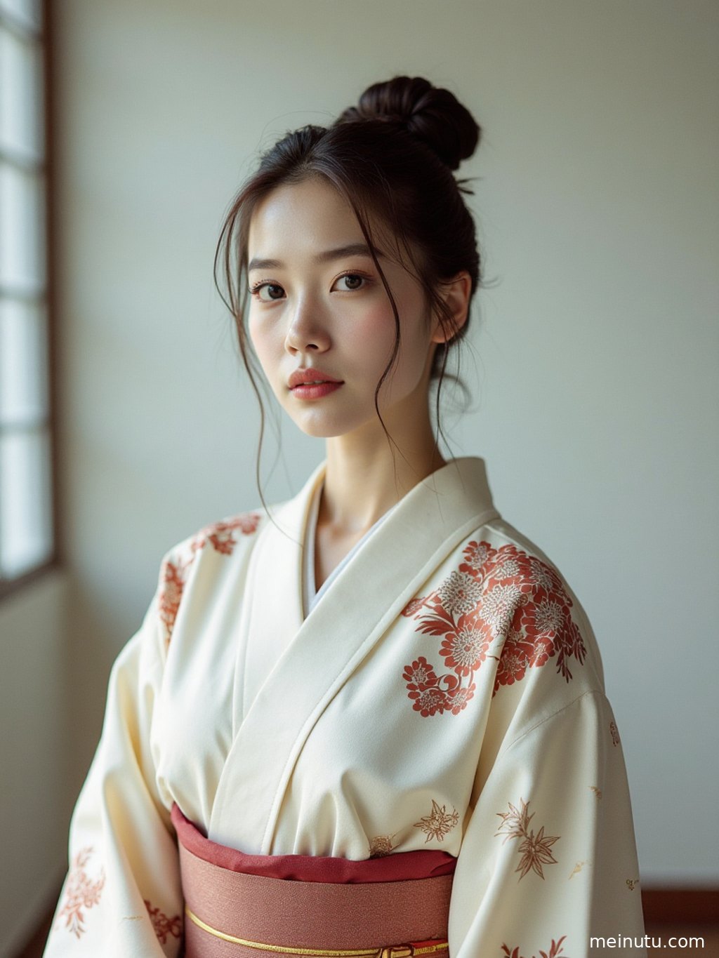 Soft-light indoor Japanese kimono beauty portrait with a calm, warm, and traditional atmosphere.