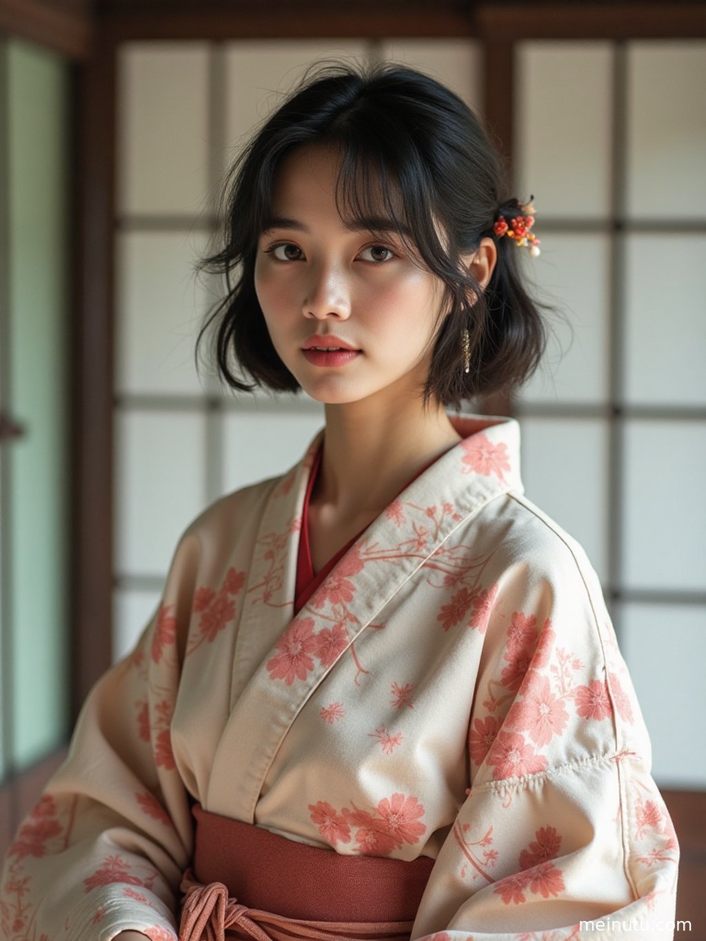 Full-body kimono portrait showing delicate fabric details, poised posture, and a calm traditional mood.