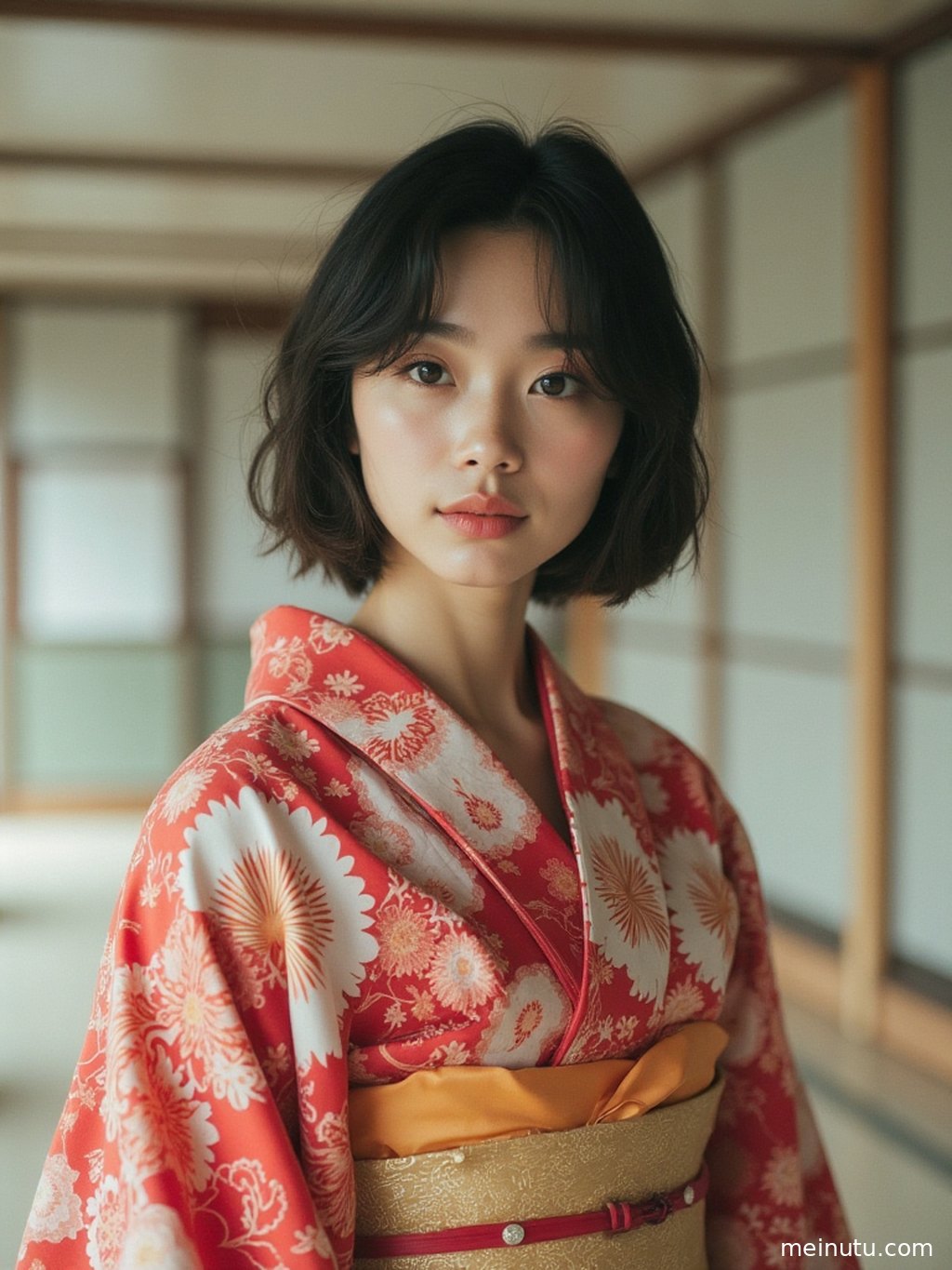 Indoor soft-light kimono photoshoot with an adult Asian model, blending elegance, texture, and serene atmosphere.
