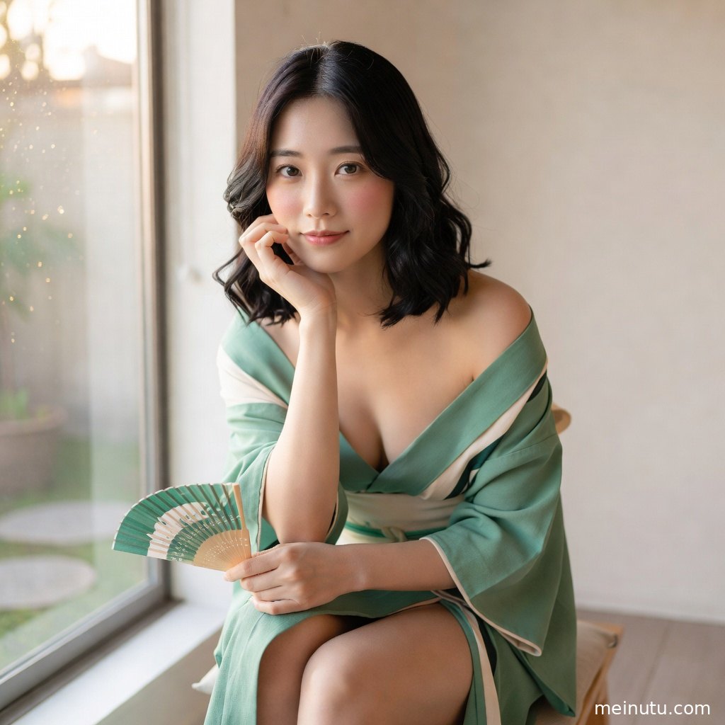 和服美女坐在明亮窗前，浅色和服睡衣与通透光影营造温柔画面。