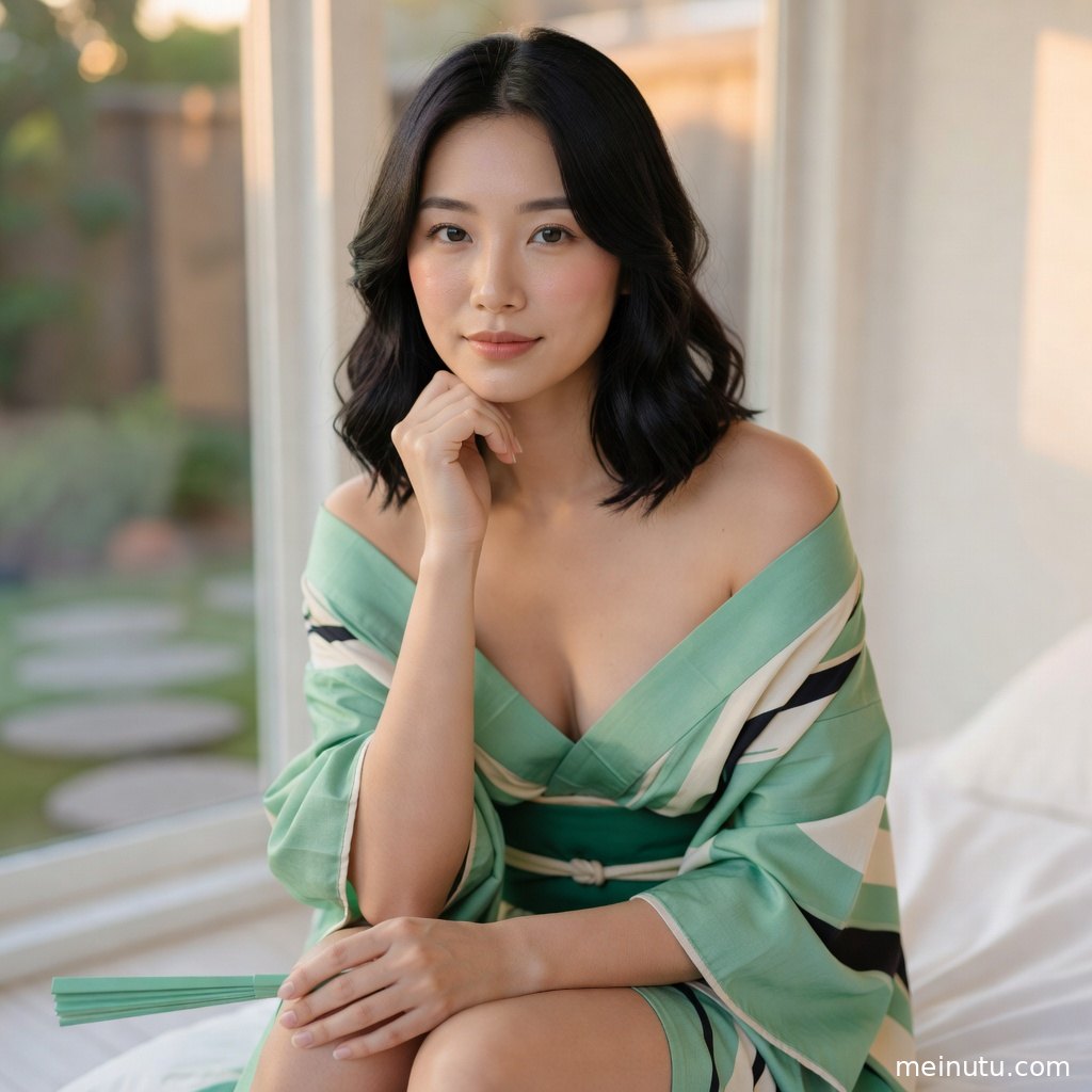 日系和风室内写真中，年轻成年女性以和服睡衣造型呈现安静高光质感。