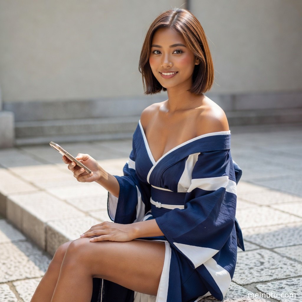 和服美女在绿植庭院中侧身回望，三分法构图突出日系和风氛围。