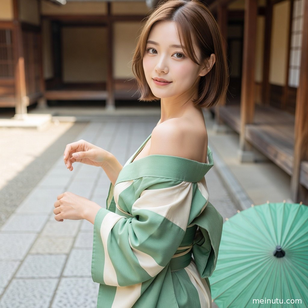 成年女性以精致日式和服妆容倚靠廊柱，发饰与衣纹细节清晰。