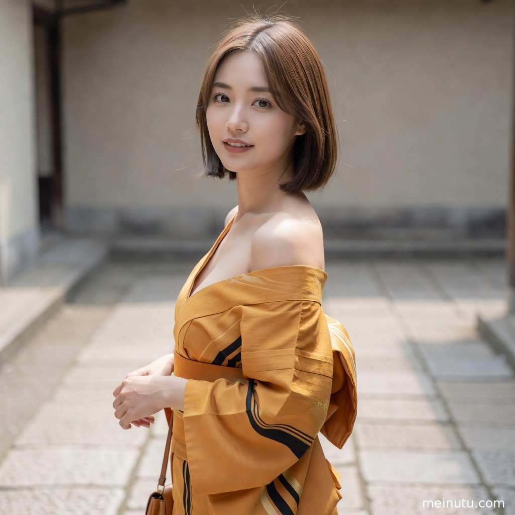 庭院自然光下的和服写真特写，清透底妆与温柔眼妆呈现高清质感。