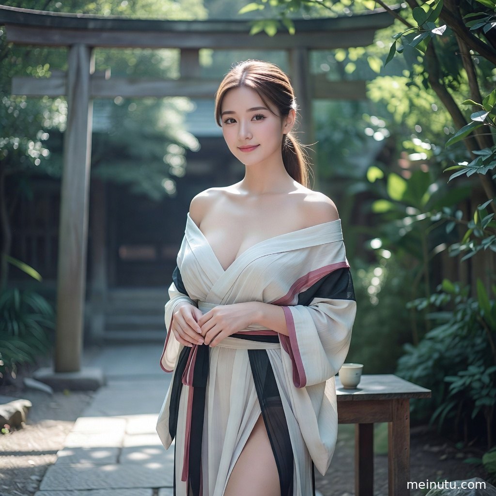 低角度拍摄的樱花和风写真，和服模特在粉白花影中呈现温柔气质。