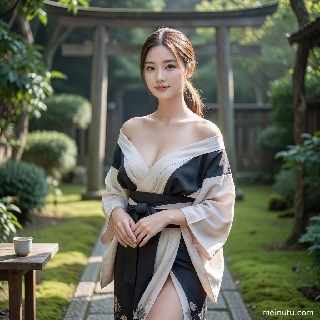 日系和风花园场景里，女性侧身凝望樱花，背景光晕细腻柔和。